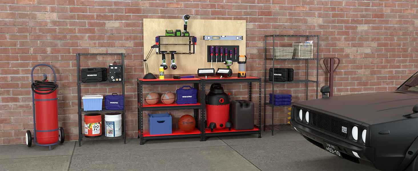 Tool storage workbench with hand tools, bins, and supplies against a brick wall, with a parked car nearby
