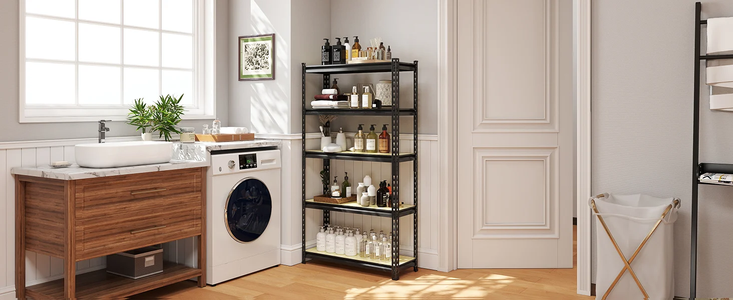 Bathroom laundry area with a front load washer, a metal shelving unit of bottles and towels, and bright window light