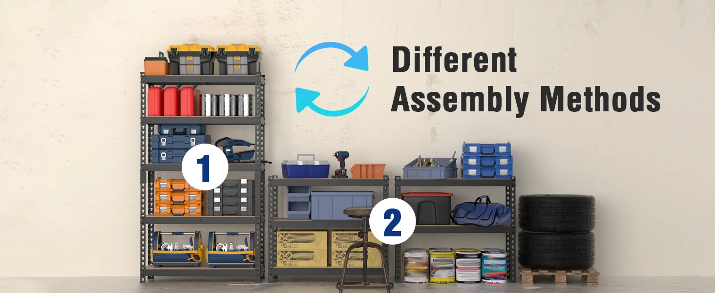 Tool storage shelves with labeled sections 1 and 2, showing different assembly methods diagram