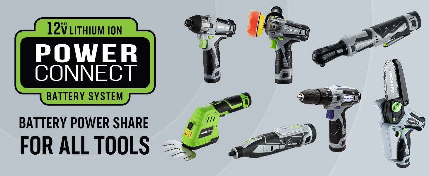 Power tool battery system graphic showing multiple cordless tools with green and gray designs