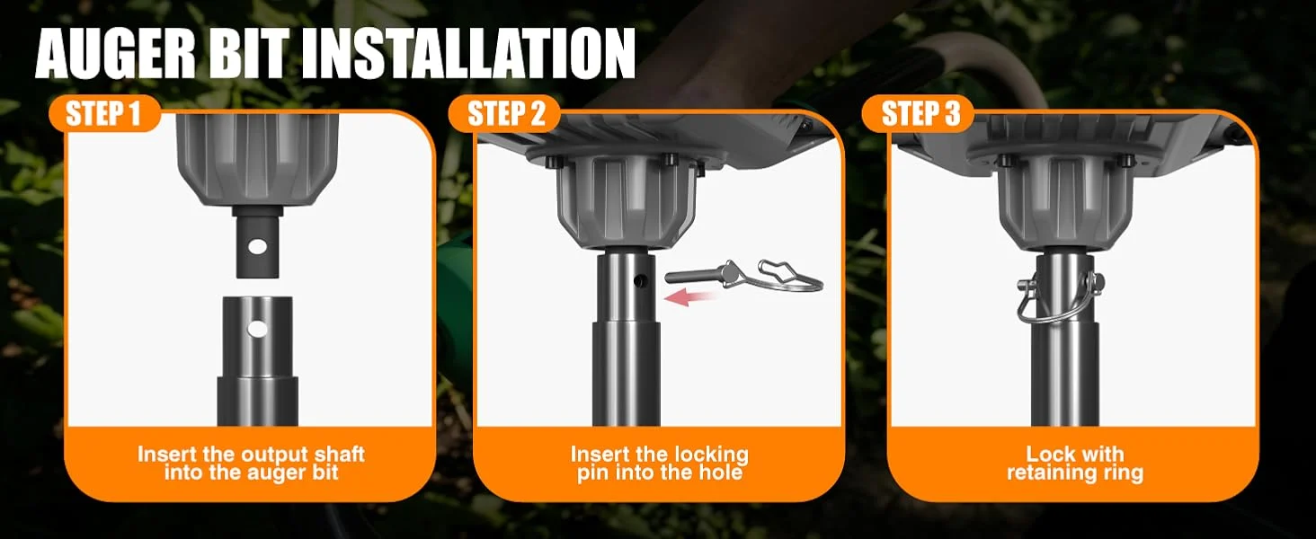 Auger bit installation diagram with three steps showing shaft insertion, locking pin, and retaining ring for secure fit