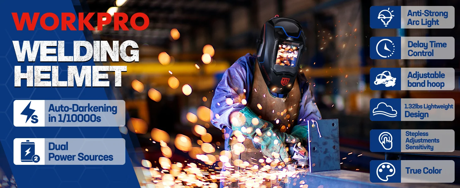 Welder wearing a blue helmet with sparks, showing innovation and quality in a high-quality welding setup