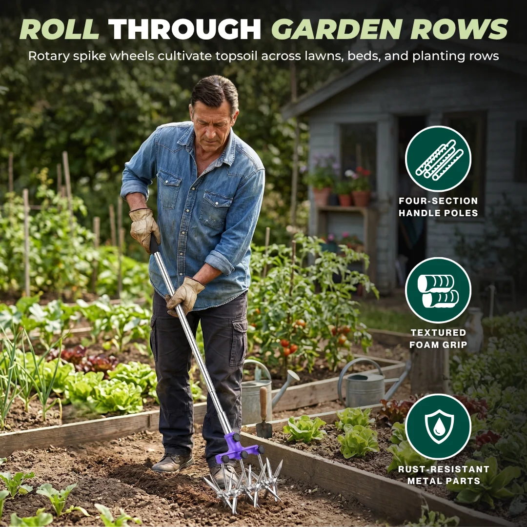 Rotary Cultivator Hand Tiller Adjustable Stainless Steel Garden Tool
