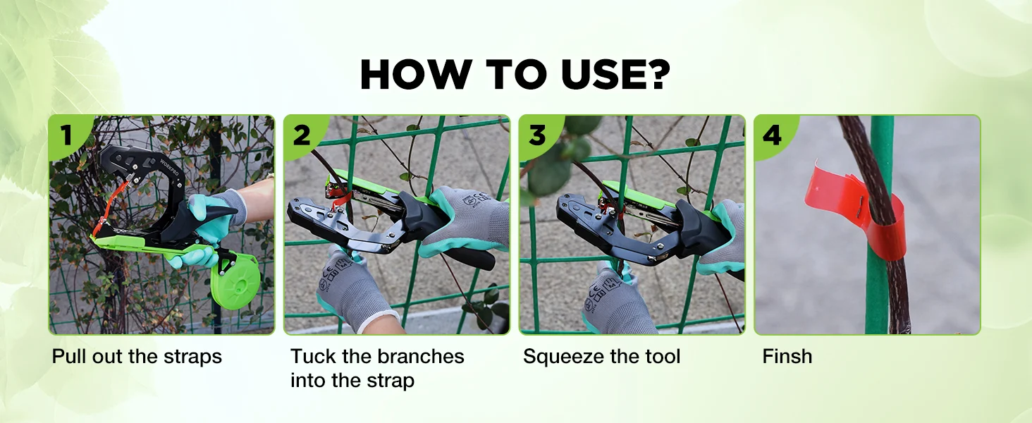 Garden tool steps show pulling straps, tucking branches, squeezing the tool, and finishing on green mesh