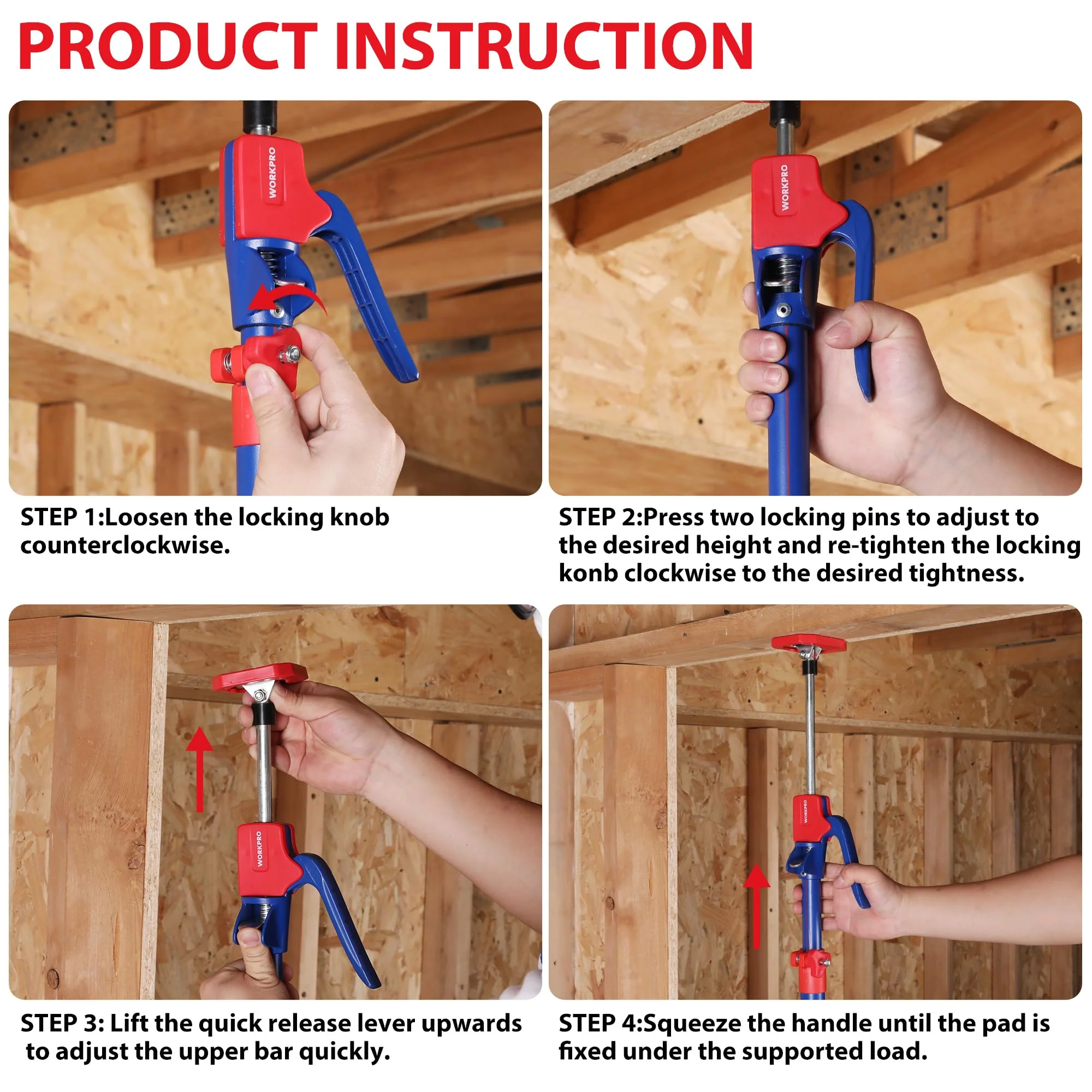 WORKPRO Cabinet Jack Support Pole, 54-114 in Adjustable, 154 lbs, 4-Pack - Image 4