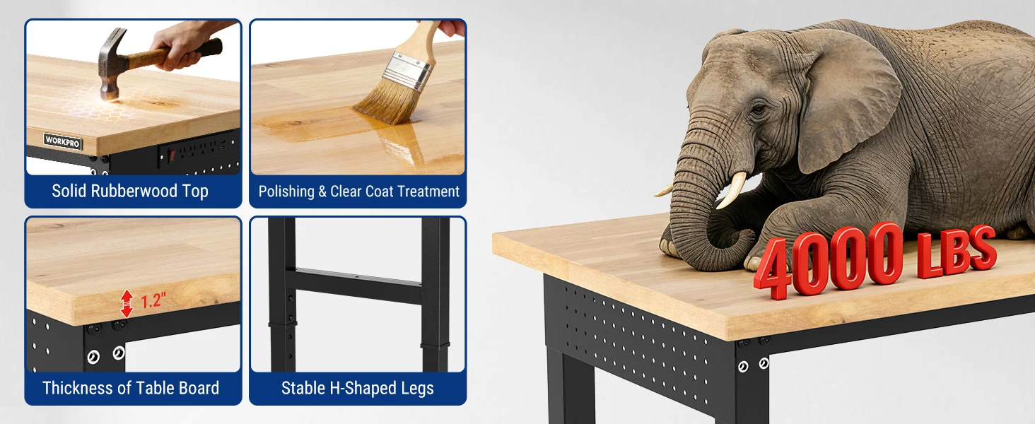 Elephant resting on a workbench labeled 4000 LBS, with wood tabletop and tool illustrations showing polishing and thickness