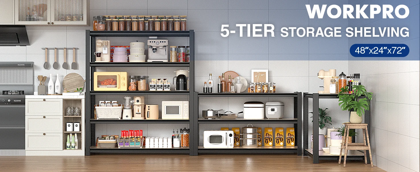 Kitchen storage shelving unit with neatly arranged cookware, jars, and appliances in a modern workspace