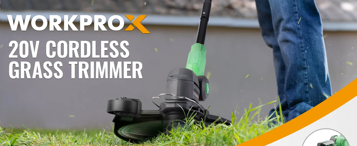 20V cordless grass trimmer cutting lawn grass with innovation and durable quality, shown beside a person