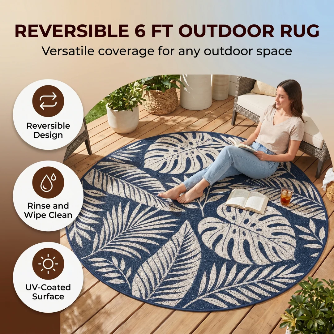 6 ft Round Reversible Polypropylene Patio Camping Rug with Stakes