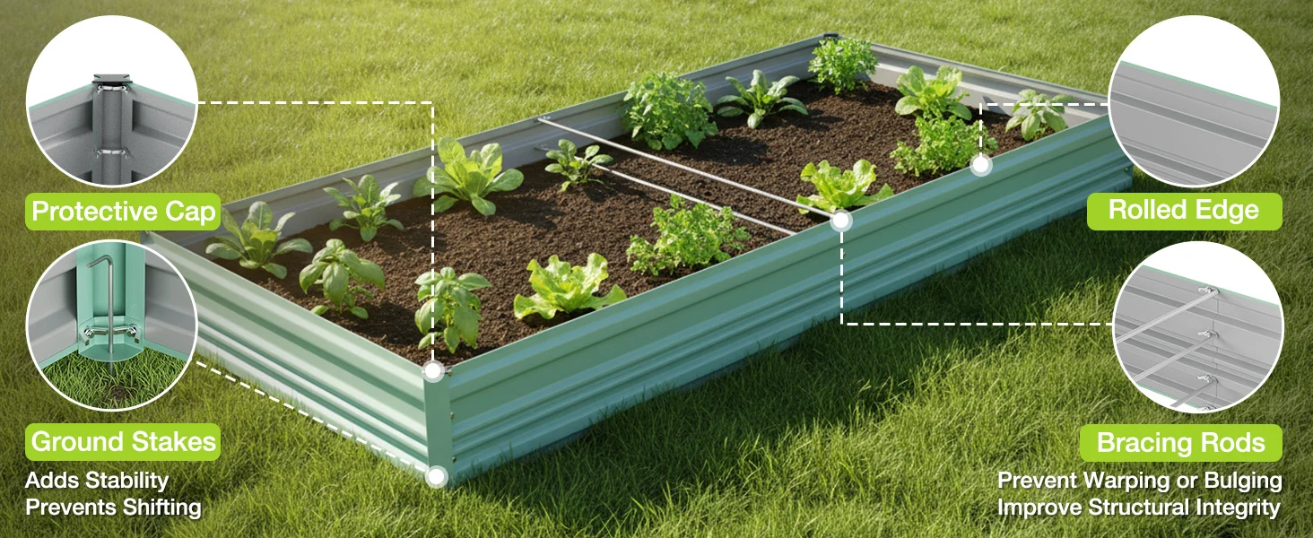 Metal raised garden bed on green grass with innovation, quality, and secure durable bracing rods for convenient planting