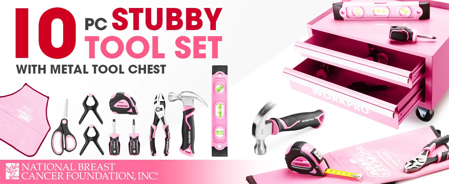 Pink tool set with metal tool chest and hand tools, showing innovation and quality for convenient use