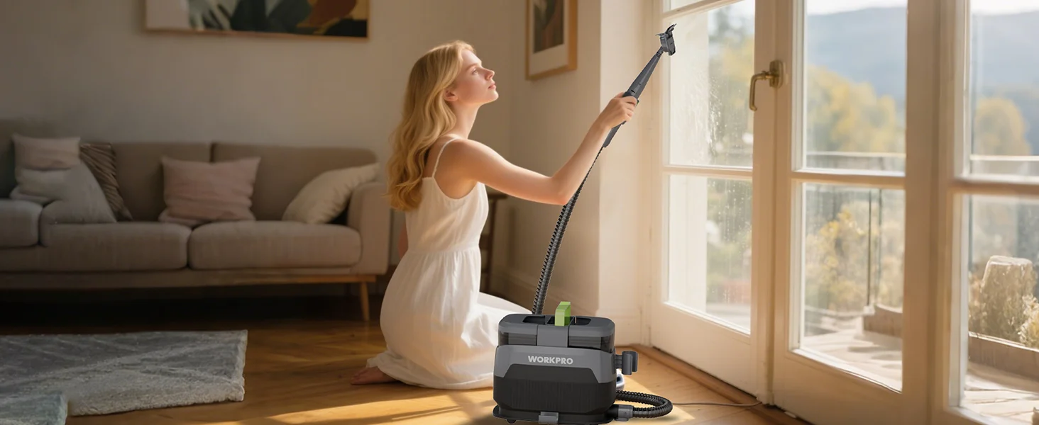 Woman in a living room using a handheld window cleaning tool, with innovation and convenient control