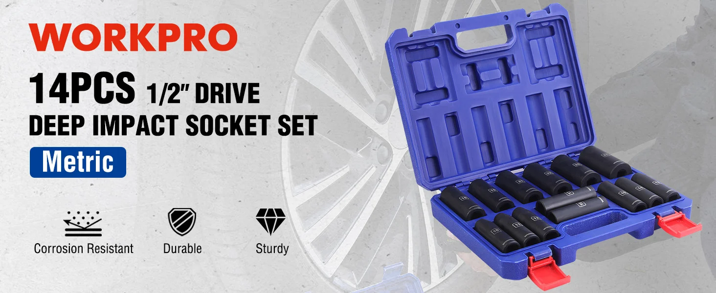 Blue 1 2 drive socket set case with deep impact metric sockets, durable and corrosion resistant tools