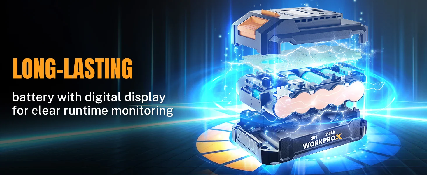 Battery pack with digital display and glowing circuit design, showing innovation and quality in a blue secure setup