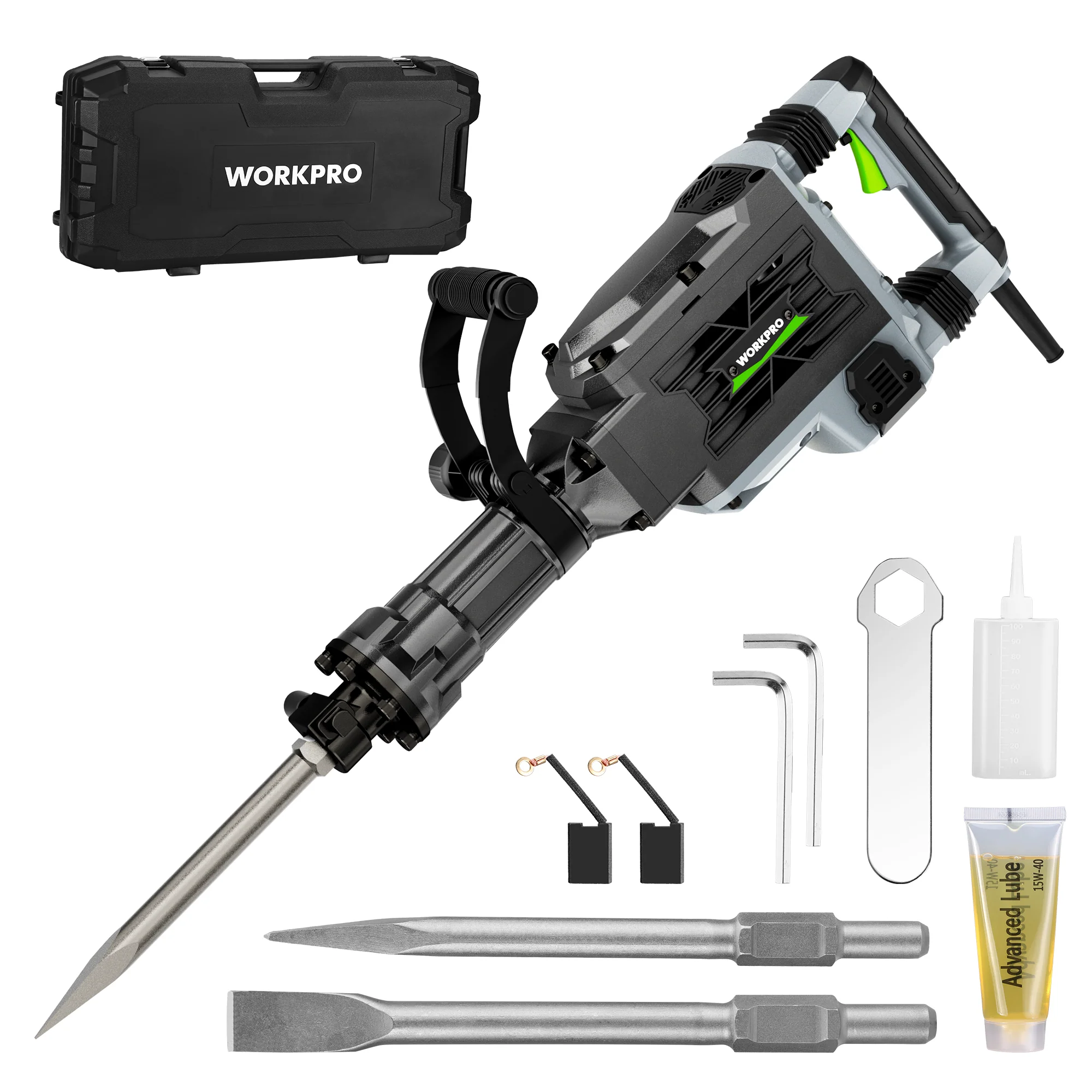 WORKPRO 60 J Demolition Jack Hammer – 15A Heavy Duty Electric Concrete Breaker, 1900 BPM Industrial Jackhammer with 2 HEX30 Chisels, UL Plug, Wheeled Carry Case for Construction & Renovation