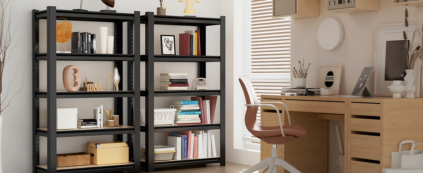 Office shelving and desk setup with books and decor, showing innovation and quality in a neat modern room