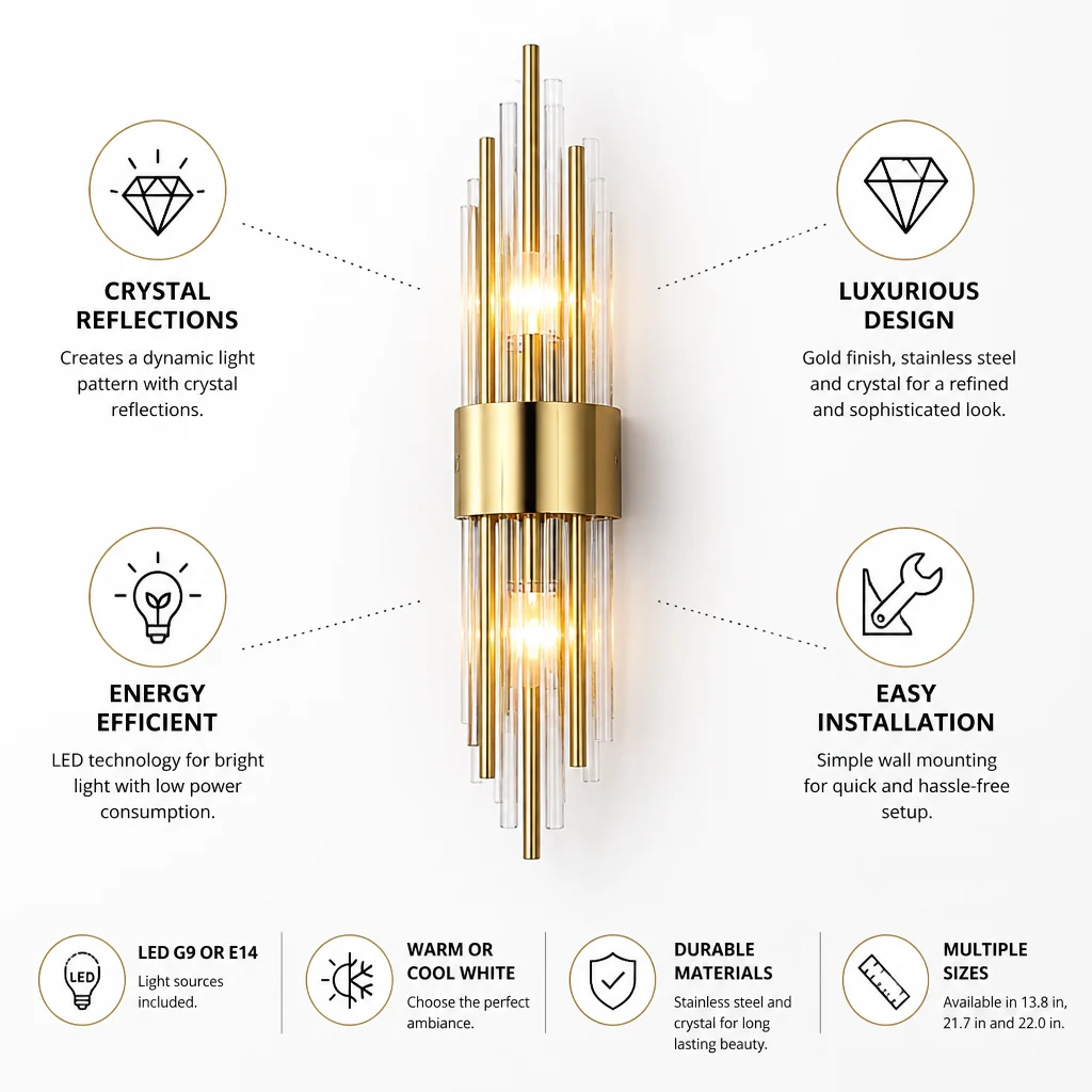 Indoor Wall Light Crystal LED Stainless Steel - Image 6