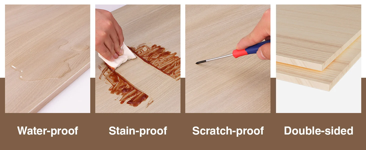 Wood panel installation steps showing water proof, stain proof, scratch proof, and double sided quality innovation