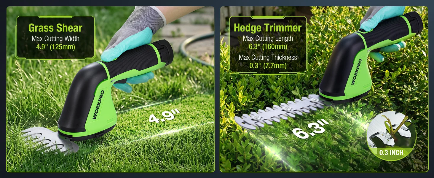 Electric grass shear and hedge trimmer with green and black handles, cutting width and length shown, innovation and quality