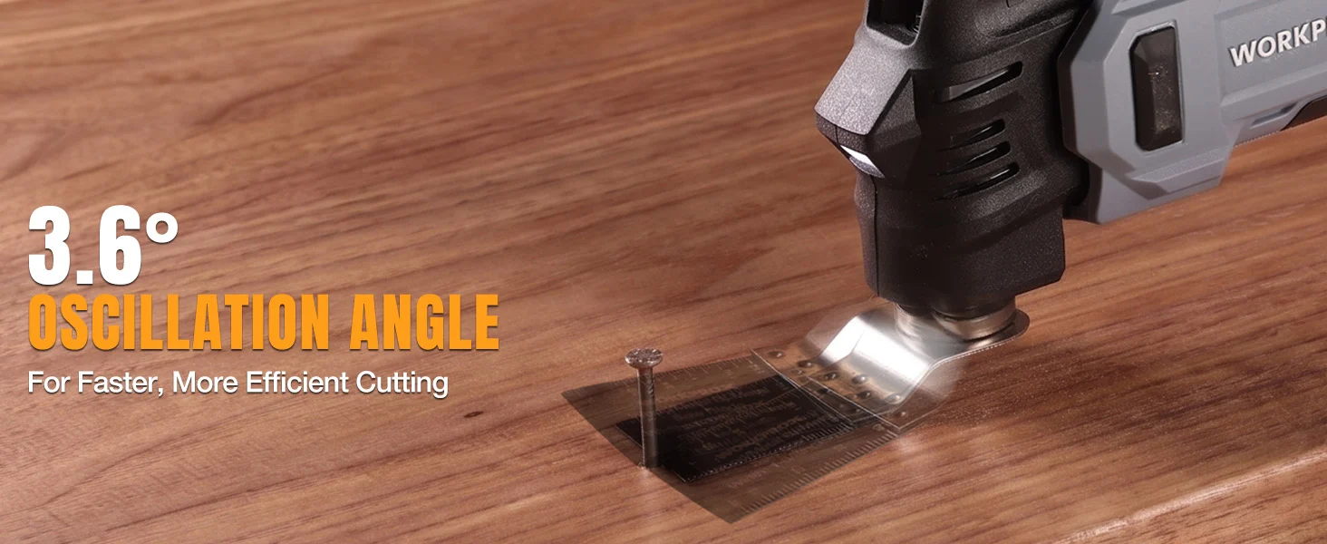 Angle grinder cutting wood at a 3.6 degree oscillation angle, with sparks and a metal blade
