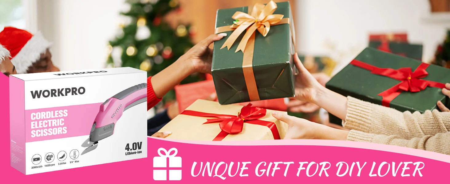 Hands exchanging wrapped gifts near a Christmas tree with Workpro cordless electric scissors box in view