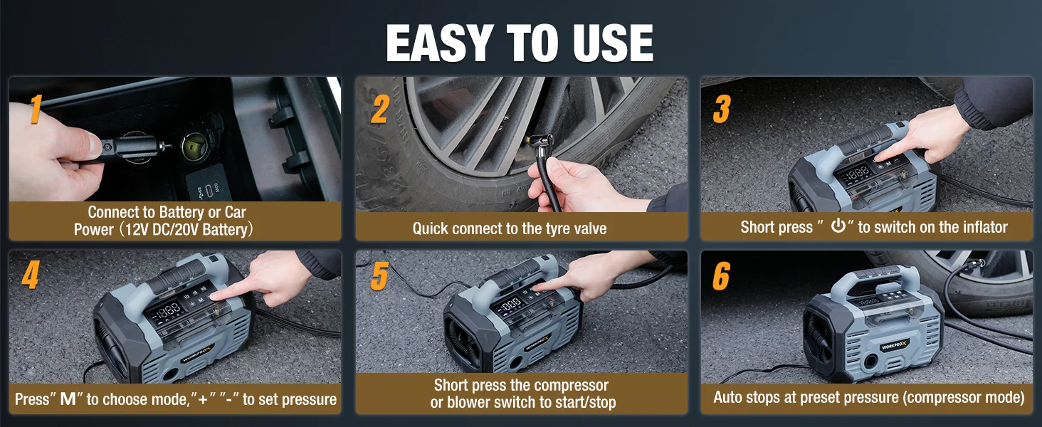 Portable tyre inflator with digital display and hose shown in six steps, with innovation and quality cues