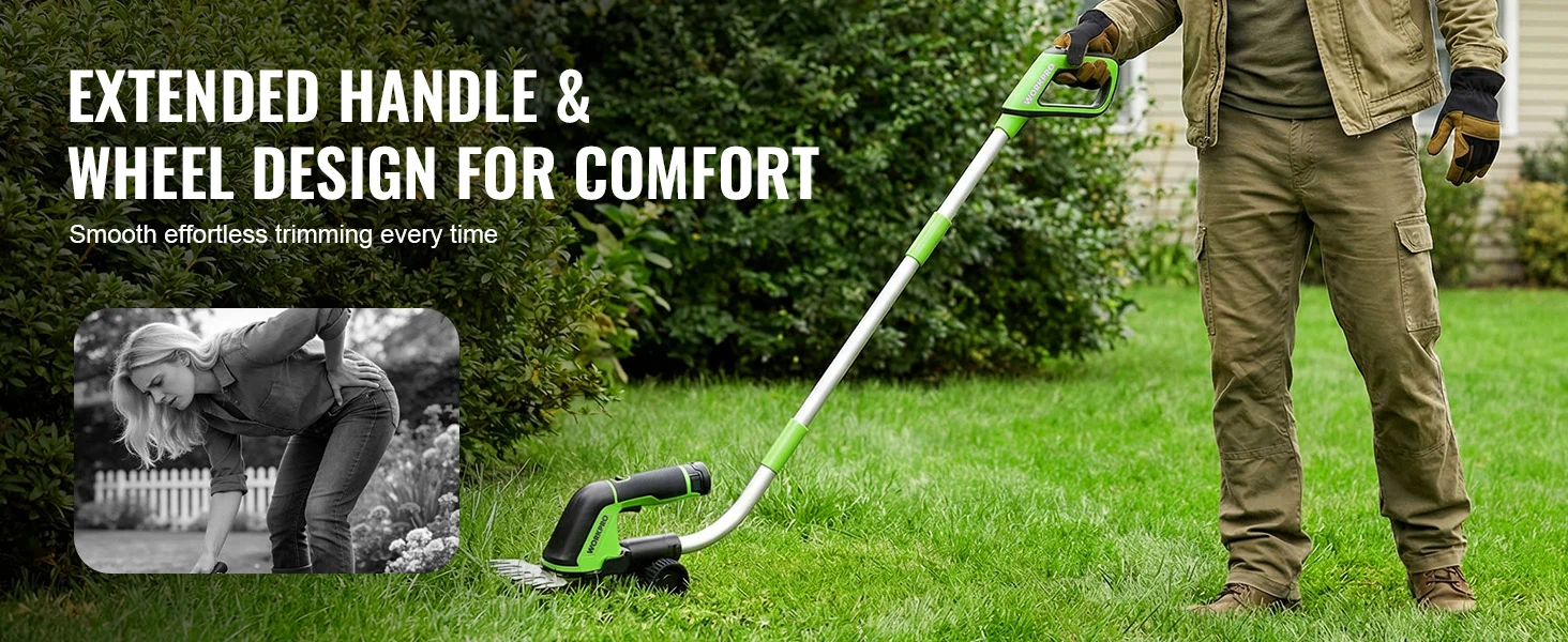 Garden trimmer with green handle and wheel base, innovation and quality for convenient, durable yard trimming