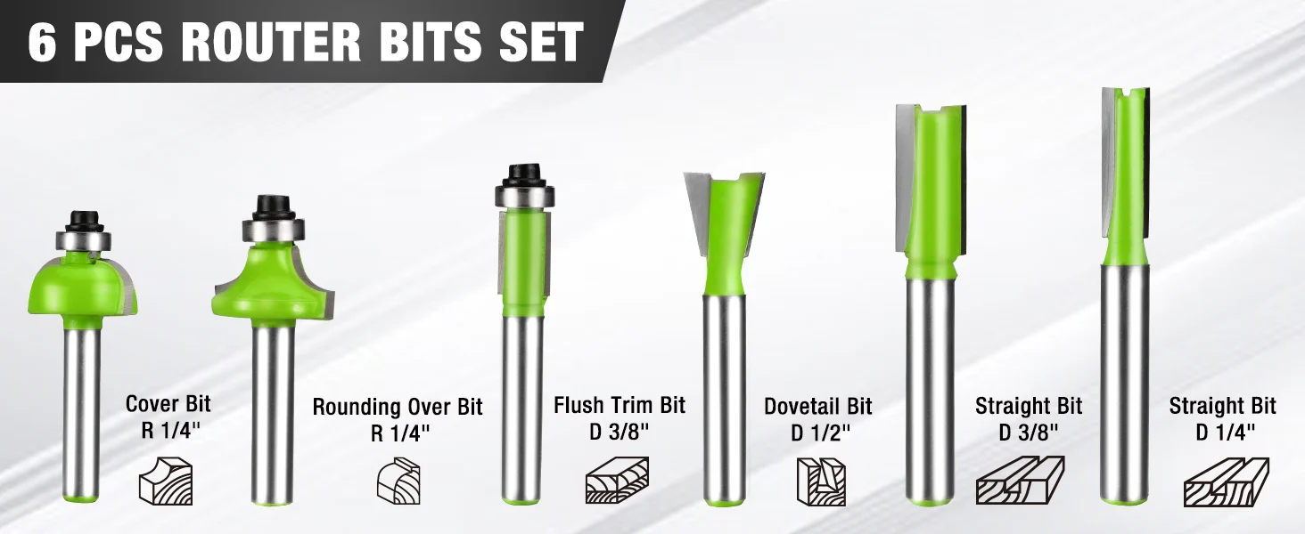 Router bits set with green carbide cutters, showing cover, rounding over, flush trim, dovetail, and straight bits