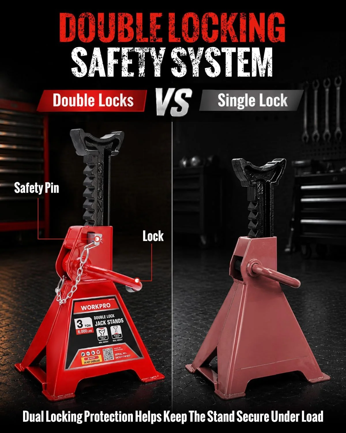WORKPRO 3 Ton Jack Stands with Double Lock, 6000 LBS Capacity, 1 Pair - Image 5