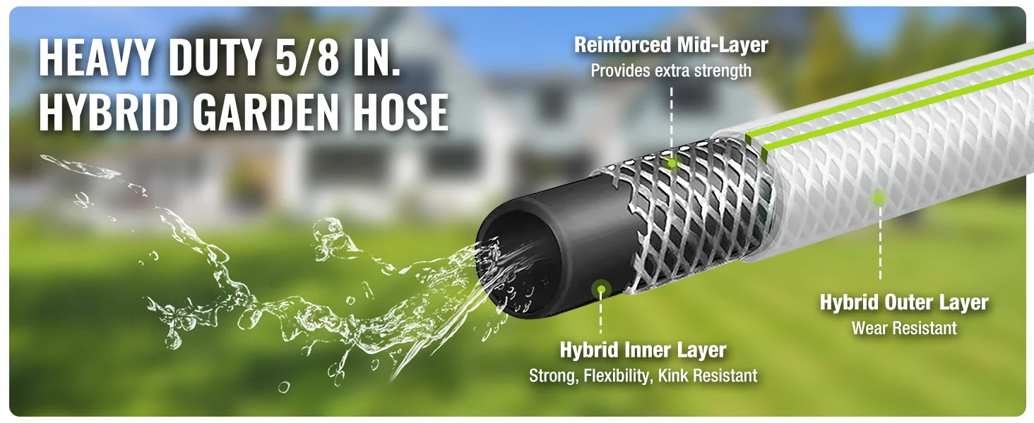 Hybrid garden hose with visible layered construction and water spray, showing innovation and quality details
