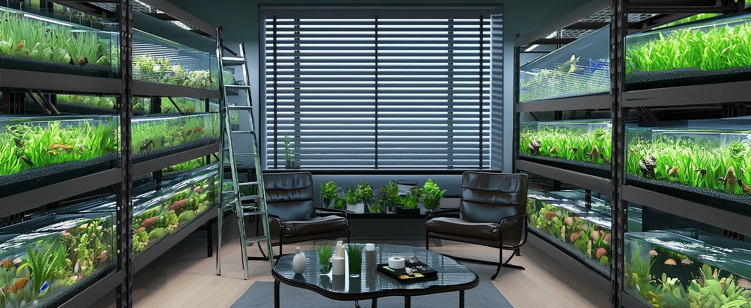 Innovation quality high-quality durable secure convenient office lounge with glass fish tanks, plants, and black chairs