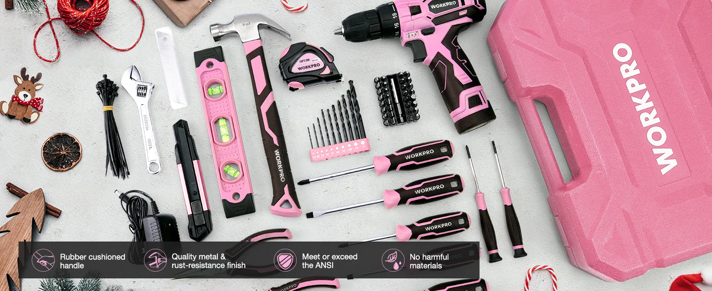 Tool kit with pink and black handheld tools, innovation and quality text on the box, bits and chargers