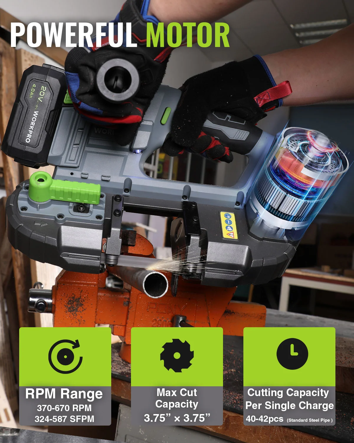 WORKPRO 20V Cordless Portable Band Saw for Cutting Metal with 3.75 Inch Cut Capacity & 6 Adjustable Speeds(370-670RPM, 324-587 SFPM) - Image 5