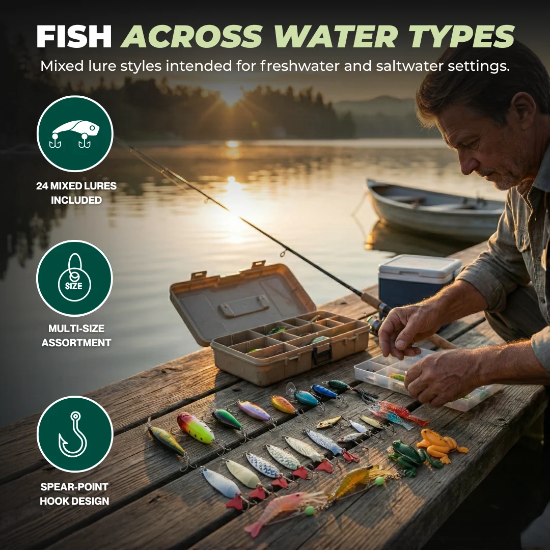 24 Piece Fishing Lures Set for Men, Teens, and Adult Anglers
