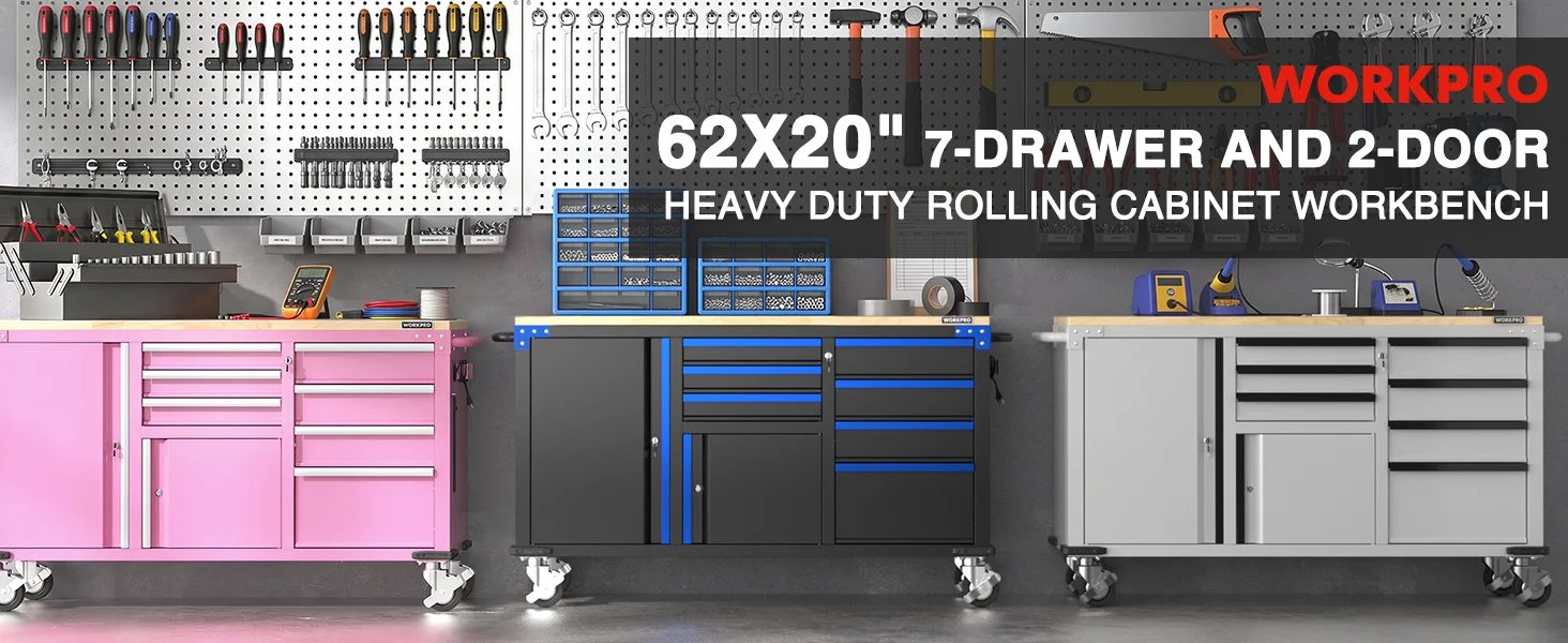 Metal rolling tool cabinets with drawers and doors on casters, with pegboard tools in a workshop setting