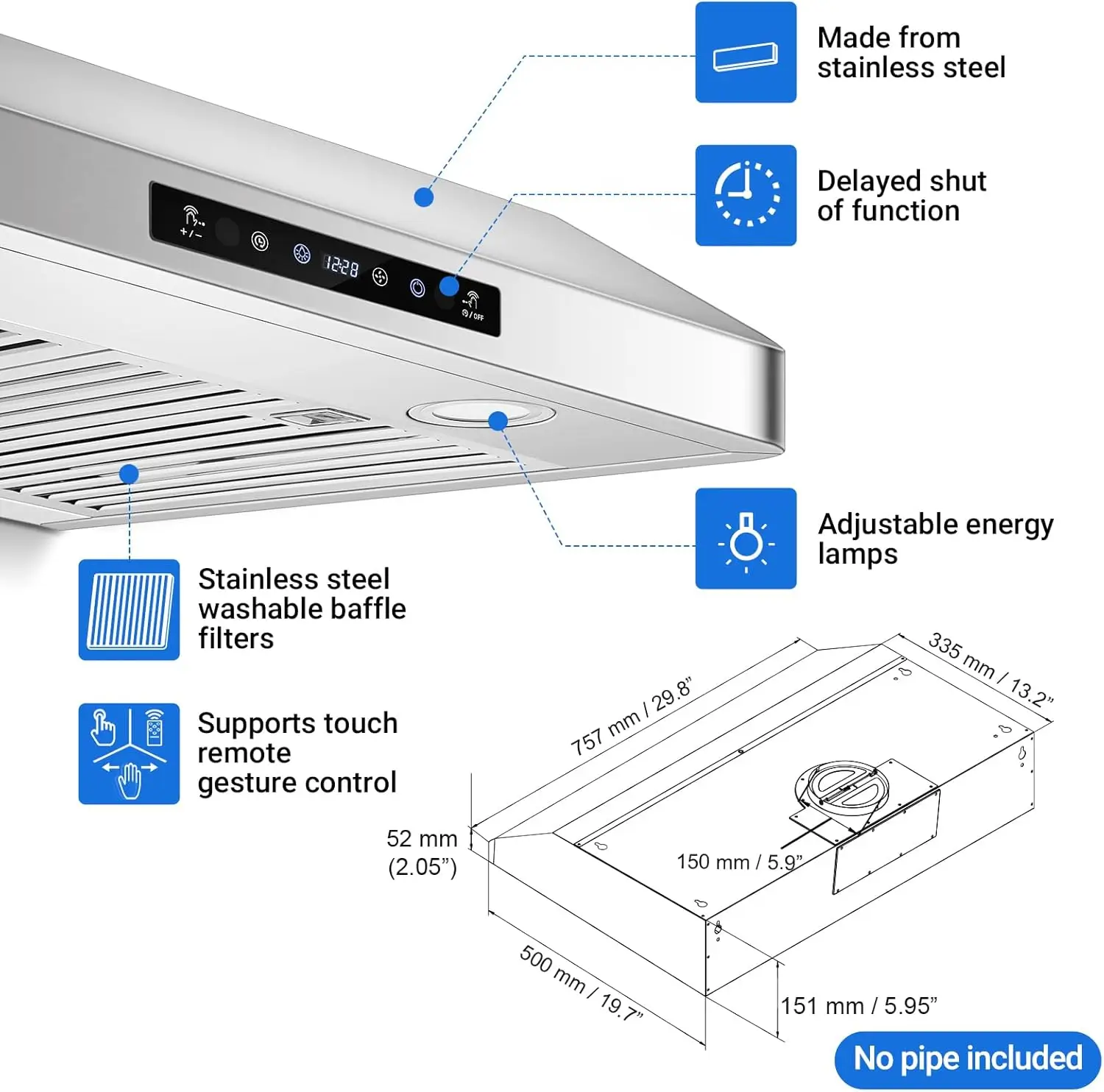 AMZCHEF 30 Inch Under Cabinet Range Hood 750 CFM with Remote Control 4