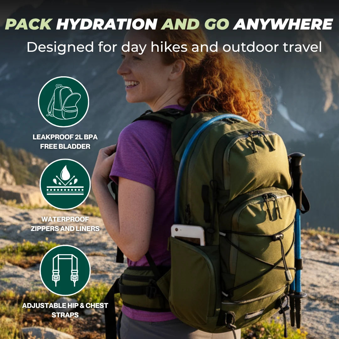 Waterproof 22L Hydration Backpack with 2L Bladder for Hiking