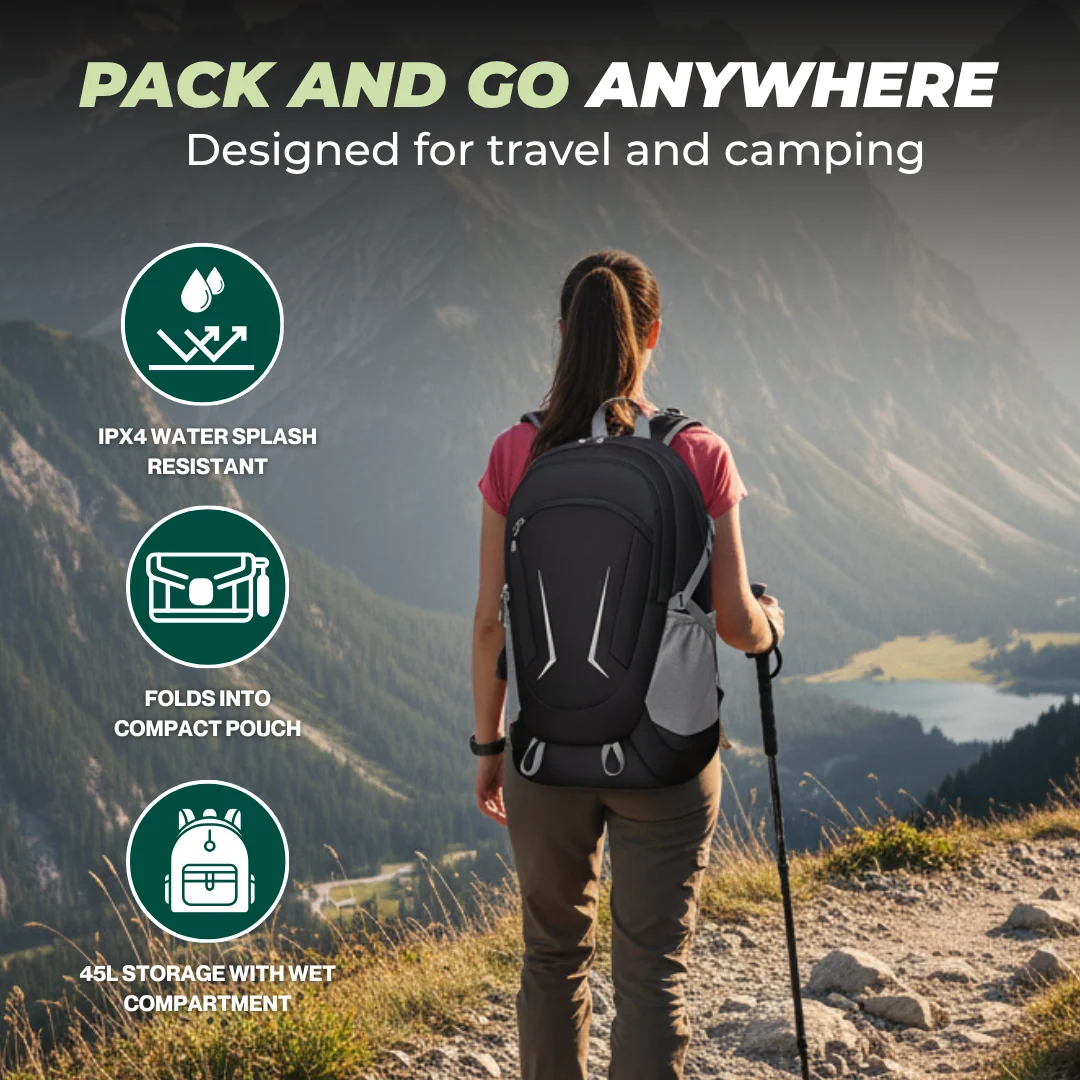45L Foldable Hiking Backpack Water-Resistant, Multi-Compartment
