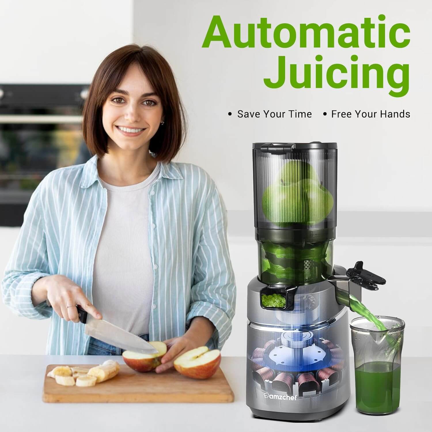 AMZCHEF Masticating Juicer 5.8-Inch Self-Feeding Fit Whole Fruits & Vegetables 3