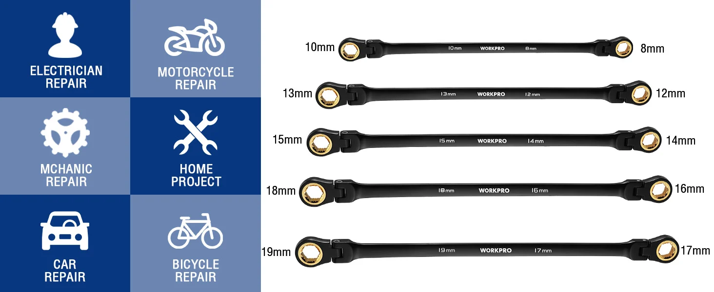 Set of black adjustable wrenches with gold sockets, labeled 10mm to 19mm, with repair icons