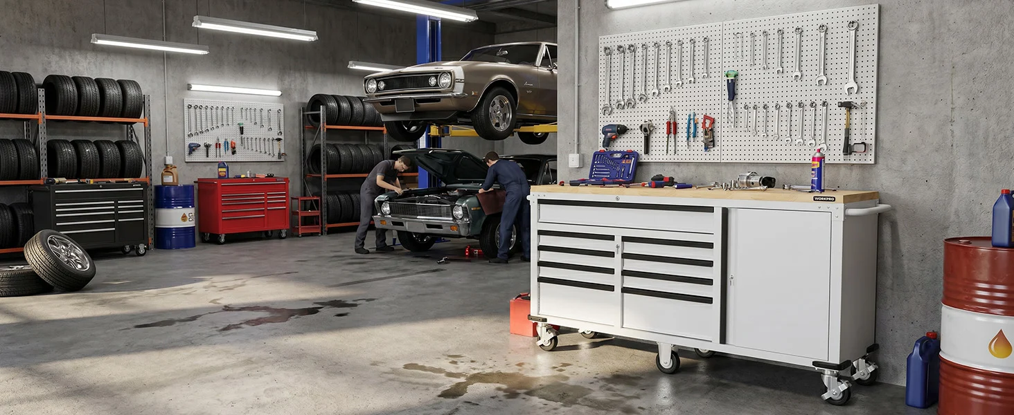 Automotive workshop with a car on a lift, tools on pegboards, and mechanics working amid organized storage for innovation