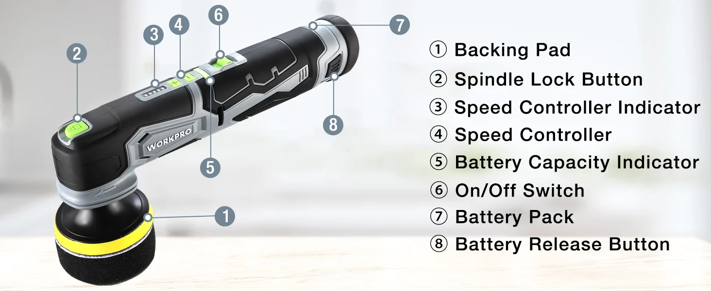 Cordless angle grinder diagram with innovation and quality labels, showing speed controller and battery release button