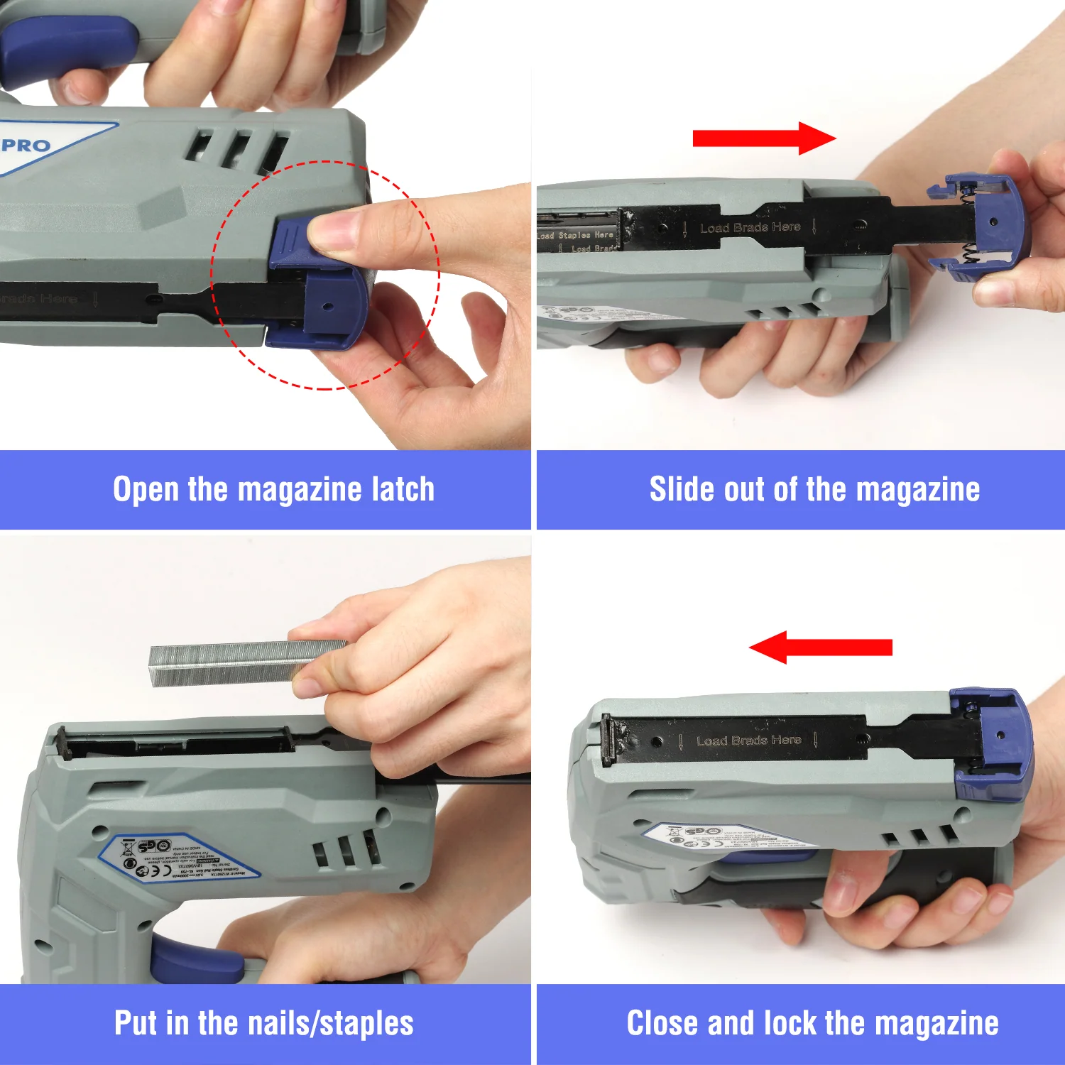 Hand opens and slides out a nail staple magazine latch, showing innovation, quality, and secure durable design