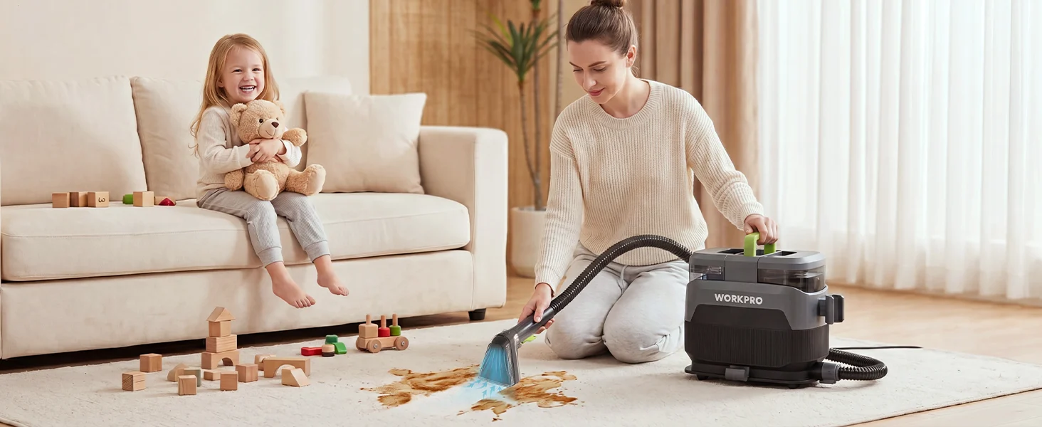 Woman vacuuming a living room rug with a child playing nearby, innovation and quality in home cleaning