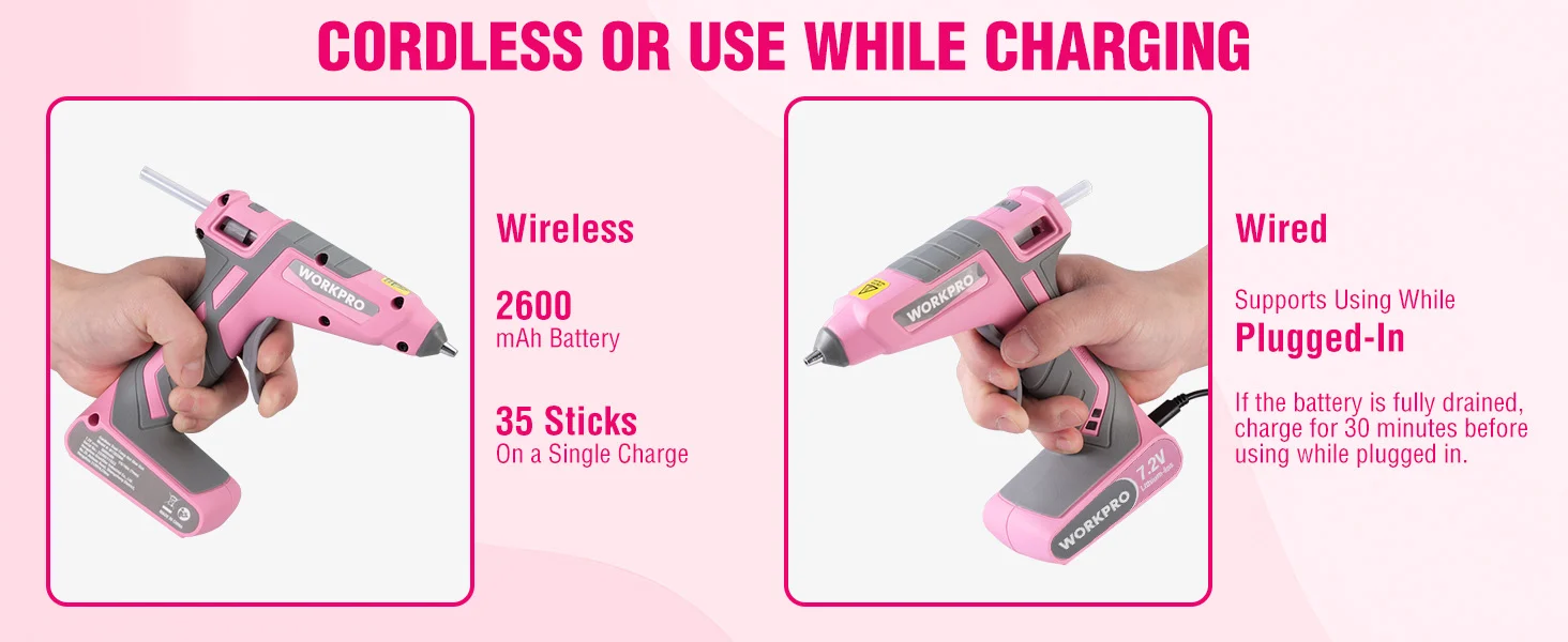 Pink cordless power tool and wired use while charging, with innovation, quality, high-quality, secure, durable design