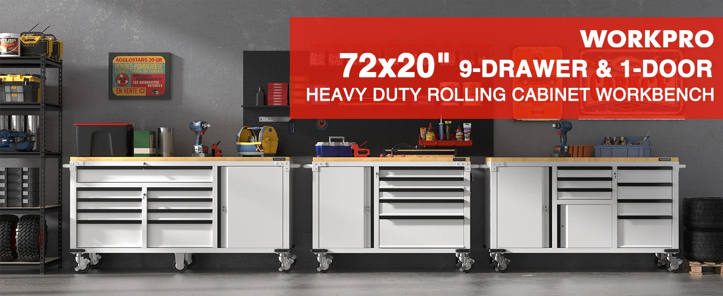 Heavy duty rolling cabinet workbench with open drawers, white doors, and red banner text on a garage wall