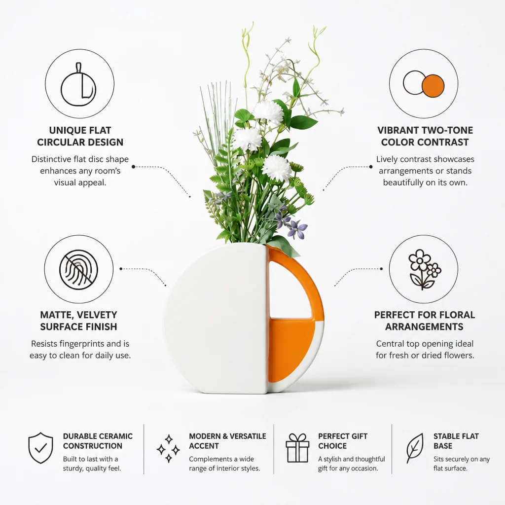 Vase Flat Disc Two-Tone Orange & White Matte Finish - Image 6