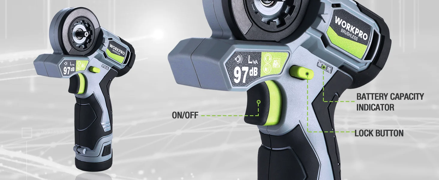 Cordless power drill with innovation and quality features, battery capacity indicator and lock button on a gray body