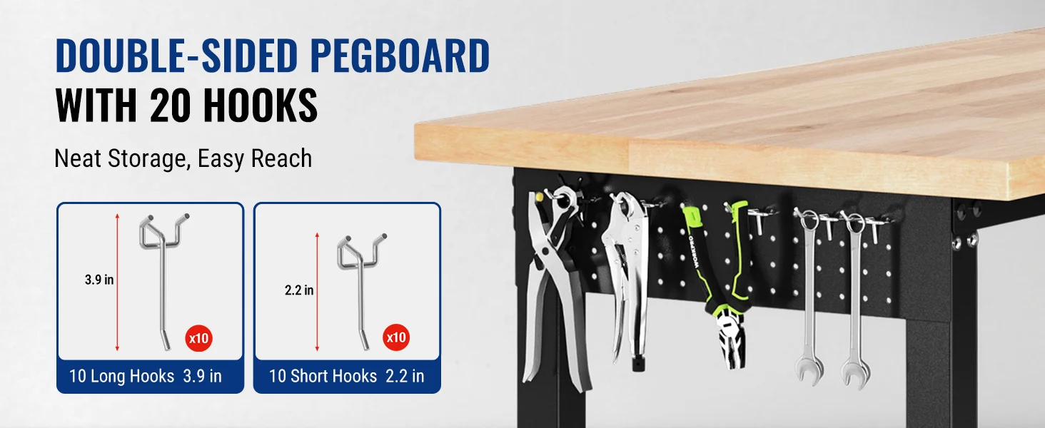 Double-sided pegboard with 20 hooks, showing long and short hook sizes on a wooden workbench