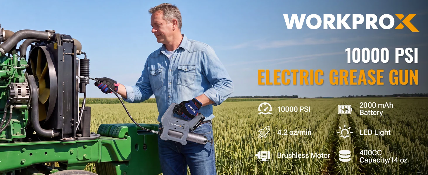 Man using an electric grease gun on a green machine in a field, showing innovation, quality, and secure use